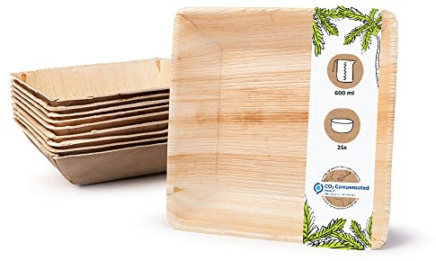 GREENBOX 25 Stück Palmware - umweltfreundliches Einweggeschirr aus Palmblättern I Palmblatt Schale quadratisch 600ml 17cm I Salat-Schüssel Dipschale Suppenschale Servierschale Snackschale