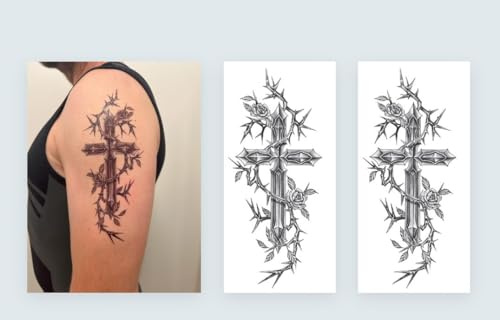 2 Blätter Temporary Kreuz mit Dornen Tattoo Religiöse Tattoo Rosendornen Tattoo Fake Tattoos Cross Tattoo XQB886x2