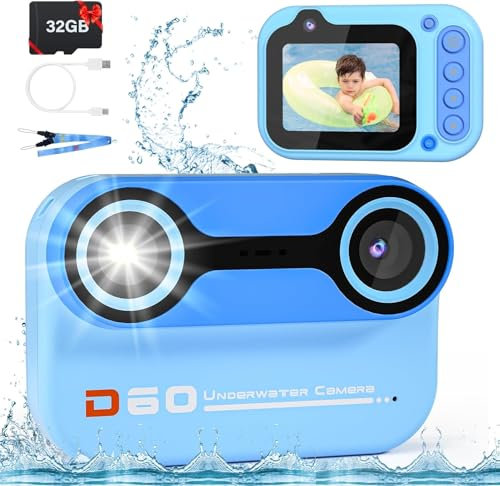 10FT Unterwasserkamera für Kinder, wasserdichte Kinderkamera, 26MP 1080P Videokamera zum Schnorcheln 10X Digitalzoom, Poolspielzeug für im Alter von 4–12 Jahren, Digitale Actionkamera with 32GB Karte