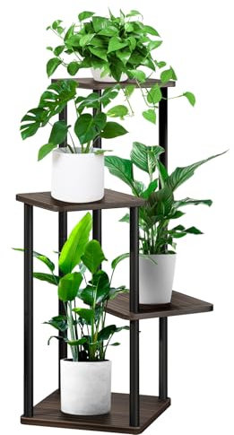 YOCOMEY 4-Tier Hölzern Blumenregal Pflanzenregal, Mehrstöckig Blumenständer Pflanzenständer Blumenbank Blumentreppe Pflanzentreppe Standregal für Innen Garten Balkon Deko(Schwarz Eiche)