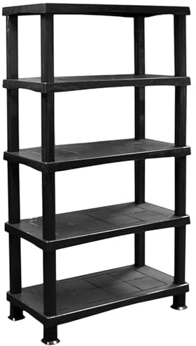 ALLEZ Plastic Shelving Unit - 4 Tier Storage Shelf - Home, Shed, Garage, Warehouse, Shelving Unit - Large Racking Shelves Black - Utility Room Storage Rack - Lightweight Push Fit Shelf (5 Tier)