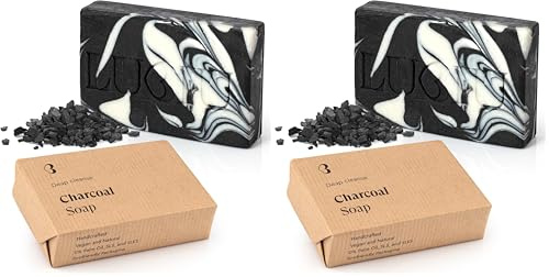 lubiu Schwarze Seife Stück - 100g Aktivkohle Seife ohne Palmöl - Naturseife als Duschseife Männer und Frauen - Auch handseife fest - Black Soap Bar (Packung mit 2)