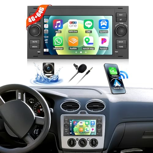 CAMECHO 4+64GB Android 15 Car Stereo for Ford Fiesta Transit Connect Focus Kuga Mondeo with Wireless CarPlay Android Auto 7 Car Radio with 32EQ Bluetooth 5.0 GPS WiFi Mirror Link FM RDS Rear Camera