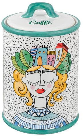 Baroni Home Barattolo Caffè in Polvere Decorato in Ceramica con Coperchio Ermetico, Porta Caffè Accessorio da Cucina Colorato Resistente, Linea Stylish, 10,5x10,5x17 cm