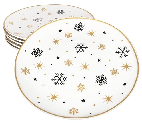 MamboCat 6er Set Stars schwarz & Gold Speiseteller I Steingut-Essteller für 6 Personen mit Sternen & Schneeflocken für Weihnachten, Advent & Nikolaus
