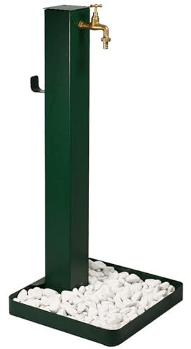 Fontana da Giardino Design a Colonna Quadrata Rubinetto in Ottone e Base con Ciottoli Verde