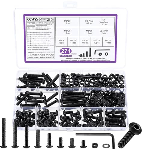 M5 Juego de Tornillos y Tuercas y Arandelas, 271 Pcs Métricos Tornillos de Cabeza Hueca Hexagonal Cilíndrico, Tornillería Tornillos Cabeza Hexagonales Redonda para Reparación Máquinas, Negro