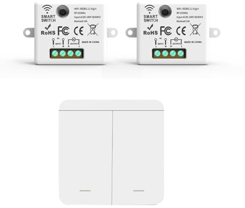 Qerwsdty 2 Interruptores de Pared Inalámbricos RF de 433 MHz con Receptor de Relé y 1 X 2 Bandas Interruptor de Panel con Control Remoto LED para Lámpara LED