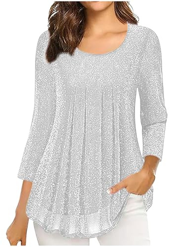 Glitzer Oberteile Damen 3/4 Ärmel Bluse Elegant Pailletten Tunika Festliche Blusenshirt Mesh Pullover Einfarbig Tshirt Silvester Outfit Leicht Luftig T-Shirt Mode Blusentop Longbluse