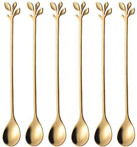 Cucharillas de acero inoxidable con mango largo, con forma de hoja, cucharaditas para té helado, café, helado, postre, 6 unidades