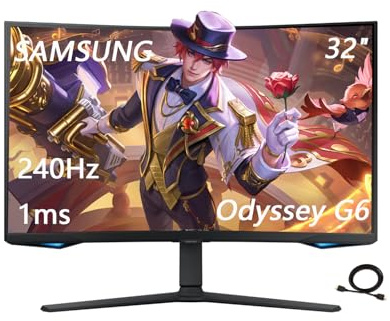 Samsung 32 Odyssey G65B Series QHD Gaming Monitor, 1000R Curved, 240Hz, 1ms, Smart TV Apps and Gaming Hub, Swivel & Tilt Adjustable Stand, Black, with HDMI Cable