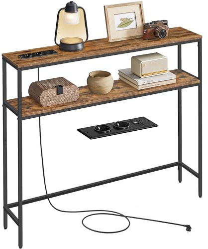 VASAGLE Mesa de Consola de 2 Niveles con Enchufe, Mesa Auxiliar con 2 Estantes, 20 x 100 x 80 cm, para Sala de Estar, Pasillo, Recibidor, Marrón Rústico y Negro Tinta LNT136KD01