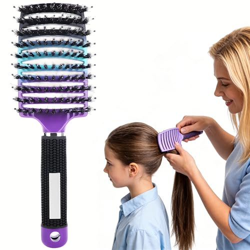 Pop Magic Detangling Hair Brush, Detangle Hair Brush for Women and Kids, Paddle Boar Bristle Detangler for Blow Drying, Wet Hair, Long, Thick Curly Afro Hair (Gradient Purple)