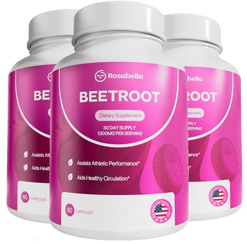 Rosabella Organic Beet Root Capsules - 1300mg Beet Root Powder Aids Healthy Circulation & Vitality, Non-GMO, Beet Root Supplement - 180 Capsules, 90-Day Supply
