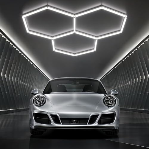 Hexagon LED Garagenleuchte,120W, 6500K,1.65x1.6m,Tageslichtweiß,perfekte Werkstattbeleuchtung, LED für Garage,Autopflege,Friseursalon,Tattoo-Studio,hochwertige Garagenbeleuchtung mit Sec (3-HEX）
