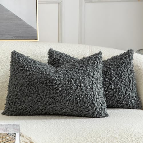Yaertun 2er Set Kissenbezug Teddywolle Faux Pelz Dekorative Kissenbezüge Plüsch Bouclé Sofakissen Couchkissen Dekokissen Zierkissenbezug Deko Kissenhülle Schlafzimmer Wohnzimmer 30x50 cm Grau