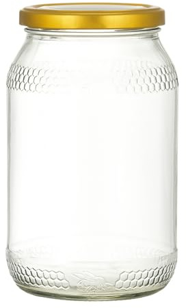 made in home Lot de 16 bocaux à miel en verre avec motif en nid d'abeille, 900 ml avec couvercle