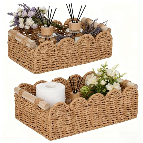Cioquli 2er Set Aufbewahrungskorb Geflochten, Makramee Aufbewahrungskörbe Boho mit Griffen, Handgemachte Gewebte Dekorative Arbeitsplatte Organizer für Schlafzimmer, Wohnzimmer, Badezimmer（Hellbraun）