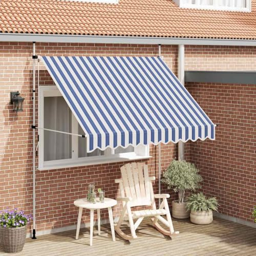 Tenda da Sole Retrattile Manuale 250 cm, Blu/Bianco a Righe, Tessuto Poliestere con Rivestimento PU, Telaio Acciaio, per Balcone Terrazza Giardino