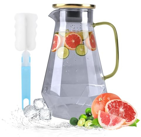 68oz Diamond-Cut Glass Pitcher with Gold Lid - Beverage Carafe for Iced Coffee, Tea, Juice & Milk | Shatterproof, Heat & Cold Resistant, Dishwasher Safe​​(Light silver)