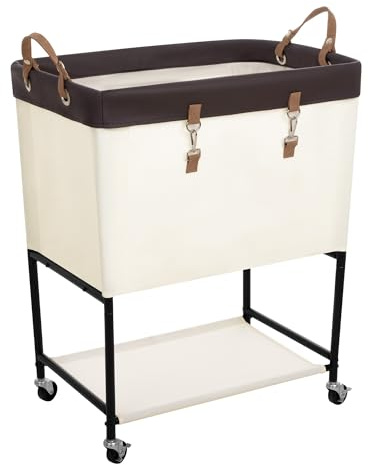 StorageWorks Laundry Cart, 2 Tier Rolling Laundry Basket, Heavy Duty Laundry Basket with Lockable Wheels, Laundry Room Organization and Storage, Clothes Hamper for Bedroom, Dorm, Closet, 29Gal, Beige