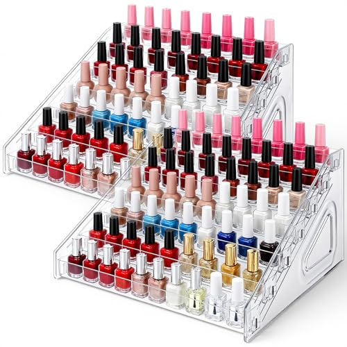 Oqqlin 2 Pcs 7 Layers Nail Polish Organizer, Clear Plastic Nail Polish Stand Large Essential Oil Storage Holder for Cosmetic, Eyeglasses, Perfume, Jewelry, Lipstick