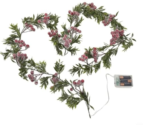 Guirnalda con luces, 180 cm, funciona con pilas, guirnalda LED con bayas rojas y hojas de acebo verdes para árbol de Navidad, manto, chimenea y decoración de puertas (1 unidad)