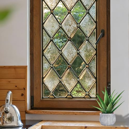 Stained Glass Window Privacy Film 45x100cm Retro Rustic Kitchen Bathroom Static Cling Romovable Opaque Stickers Films for Glass Windows (1, A4, 45W x 100L cm)