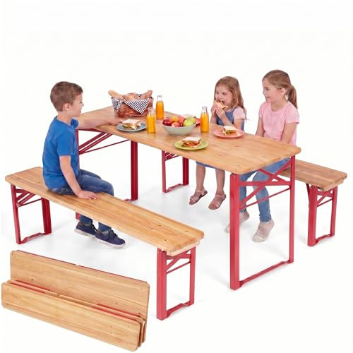 LIFEZEAL Bierzeltgarnitur Klappbar, Kinder Picknicktisch mit 2 Bierbänken, 3-teiliges Kindersitzgruppe Holz Outdoor, Festzeltgarnitur für Garten, Camping, Partys, Picknick, 110 x 40 x 53cm
