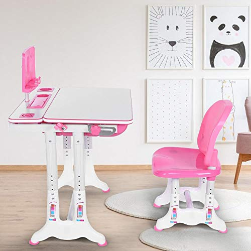 Ejoyous Rosa Bord och Stolsset MDF och Stålrör Studerande Bordsset med Ergonomisk Sits Utdragbar Låda och Hängkruka för Barn Läsa Rita Skriva