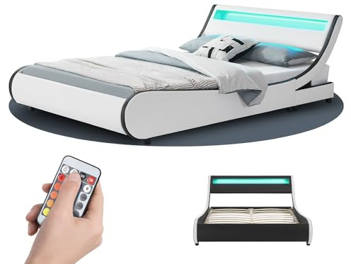 Juskys Polsterbett Valencia 140x200 cm mit LED Beleuchtung, Lattenrost, Kopfteil & Kunstleder - Bett Jugendbett Bettgestell Doppelbett - weiß