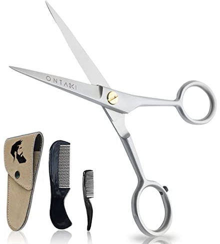 ONTAKI professionnel allemand acier barbe moustache ciseaux de coiffeur forgé à la main pochette de transport bord biseauté parfait kit de toilettage poils du visage (argent) 12,7 cm