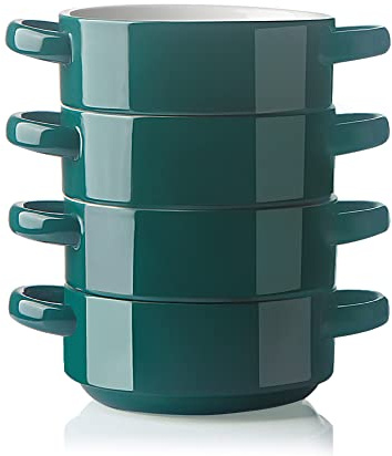 Sweejar Ceramic Soup Bowls with Double Handles, 20 Oz Stacked Bowls for French Onion Soup, Cereal, Pot Pies, Stew, Chill, Pasta, Set of 4 (Jade)