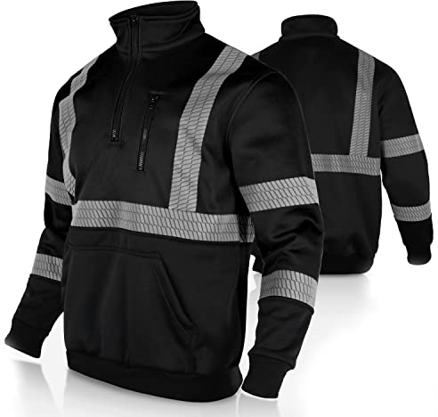 FONIRRA High Visibility Safety Sweatshirt ANSI Class 3 Fleece 1/4 Zip Pullover sweater with Black Bottom for Men(Black,L)