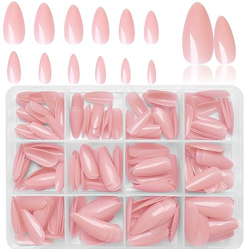 LoveOurHome 240pc Almond Press on Nails Medium Fake Nail Tips Nude Acrylic Nails Press ons Nail Almond Short Stiletto False Nail French Artificial Fingernail & Adhesive Tabs Glue for Women Girls