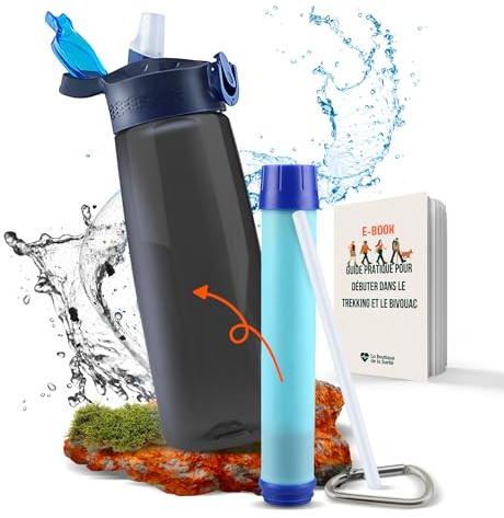 Gourde filtrante eau non potable + un filtre charbon actif purificateur d’eau | Idéale pour randonnée, camping, trek, voyage, bivouac | Kit de survie Homme Femme | Paille et boussole | 650mL