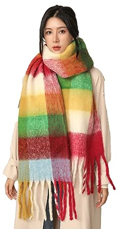Wambere Damen Schal, Kariert übergroßer Winter SchaltuchKaro Schultertuch Plaid Deckenschal Modeschal Weich Warm Strickschal Oversized Herbstschal Warme Winter Stola mehrfarbig,Orange Grün Gelb
