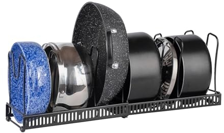 Innoteck Pans Organiser Rack with 7 Dividers - Adjustable Kitchen Drawer Pantry Cupboard Lid Plate Holder - Perfect For Pots, Pans, Chopping Board, Baking Trays, Matt Black - 30 x 18 x 18cm