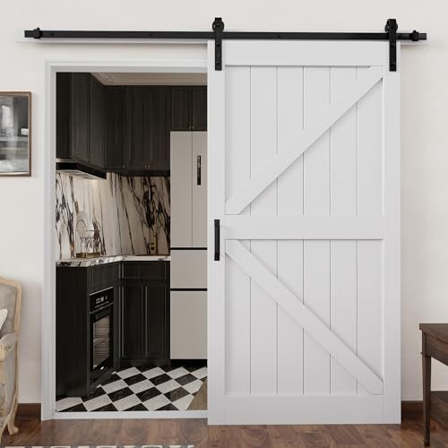 42in x 84in Sliding Barn Door Slab with 7FT Barn Doors Hardware Track Kit Included, Heavy Solid Waterproof Anti-Scratch MDF Wood Panel Barn Door, Simple DIY Assembly, Easy to Install, K-Frame, White
