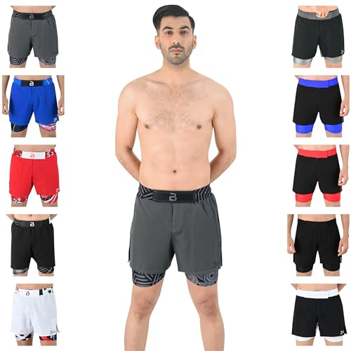 2BOLD Hybrid MMA Kampfshorts für Herren, 2-in-1, BJJ, Grappling, Jiu Jitsu, No-Gi, doppellagig, integrierte Kompression, Fitnessstudio, Laufshorts, Grau-Innenseite, Groß