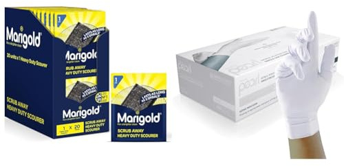Marigold Scrub Away Heavy Duty Stainless Steel Scourer, 20 Single Packs, Grey & Unigloves White Pearl Nitrile Examination Gloves - Multipurpose, Powder Free and Latex Free Disposable Gloves