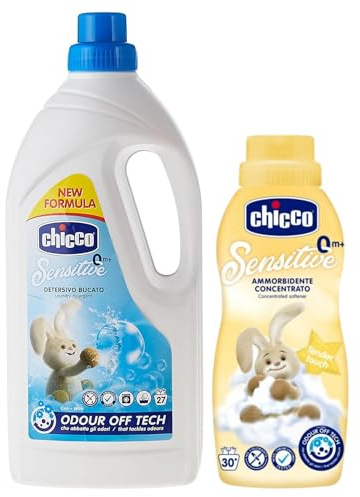 SET PER IL BUCATO: Detersivo Sensitive, Per Bucato Ipoallergenico, Rimuove Macchie e Odori, 0+ Mesi - 1,5L + Ammorbidente Concentrato Sensitive, Tenera Carezza, 0+ Mesi - 750 ml