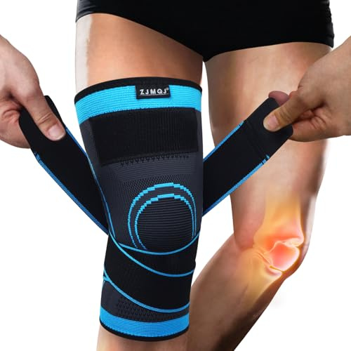 ZJMQJ Knee Compression Sleeve Support, Professional Knee Brace With Patella Gel Pad & Side Spring Stabilizers, Double Adjustt Straps, Medical Grade Knee Protector For Large Blue