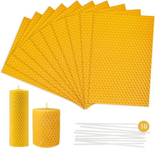 DAWRIS 10 Stück Bienenwachs für Kerzenherstellung, Bienenwachskerzenherstellungs-Set, Bienenwachsblätter aus natürlichem Bienenwachs, DIY-Kerzenherstellungs-Sets für Kinder und Erwachsene (13 x 8,9