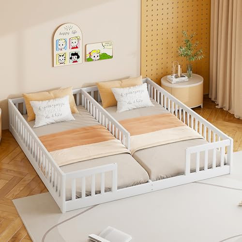Kinderbett Bodenbett Doppelbett 90x200 cm mit Sicherheitsgitter&Lattenrost, Montessori Bett Bed Gitterbett Holzbett Bettgestell Jugendbett Spielbett für 2 Kindern, Kiefernholz, Ohne Matratze, Weiß