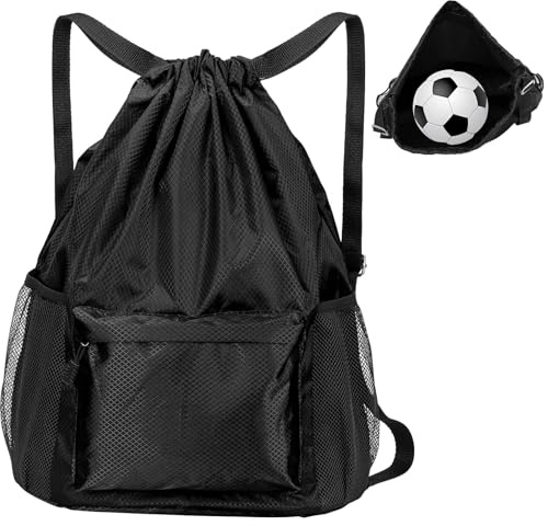 Runmeihe Drawstring Gym Bag for Kids & Adults, Large Waterproof Swimming PE Bags, Sports String Backpack, Oxford Fabric Football Bag for School Travel Climbing Hiking (Black, Large)