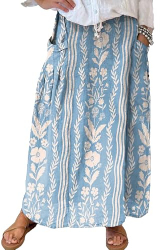 chouyatou Women's Vertical Striped High Waist Maxi Skirt Vintage Floral Cotton Long Skirt with Pockets (Large, Flower)