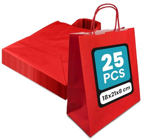 Netuno 25 Verkaufstüten mit Henkel rot 18x21x8 cm für Geschenke | Hochwertige Einkaufstaschen aus Kraftpapier – für Handel, Party, Weihnachten, Ostern, Boutique, Markt & Mitgebsel
