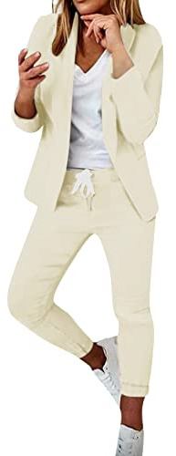 Generisch 2025 - Conjunto de traje de dos piezas para mujer, chaqueta de manga larga, traje de pantalón ajustado, chaqueta de pantalón, traje de casa para mujer, elegante, beige, XXL