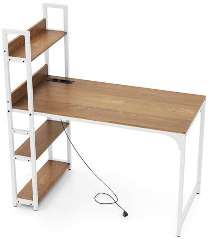 LIFEZEAL Skrivbord med förvaring och laddstation, 2 uttag, USB A & C-portar, datorbord i trä med 3 nivåer, metallram, arbetsstation 120 x 65 x 130 cm, för studior, spel